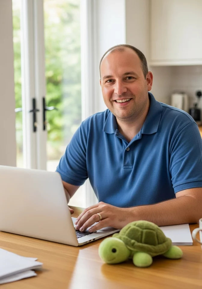 a man at his kitchen table studying billing and medical coding.
